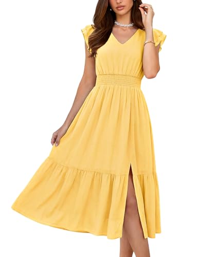 Image of GRACE KARIN 2026 Womens Summer Dresses V Neck Ruffle Sleeve Floral Boho Beach Dress A-Line Swing Midi Wedding Guest Sundress