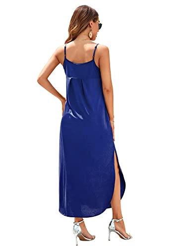 Image of HUSKARY Women's Summer Casual Sleeveless V Neck Strappy Split Loose Dress Beach Cover Up Long Cami Maxi Dresses with Pocket