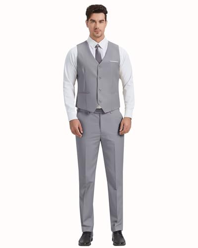 Men's Slim Fit 3 Pieces Suit, 2 Buttons Solid Color Blazer Vest Pants with Tie Set, Business Wedding Tuxedo4
