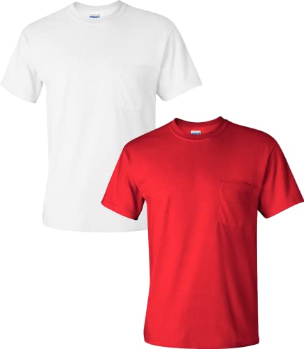 T-shirt en coton Gildan avec poche lot de 2 blanc rouge taille M pour adulte