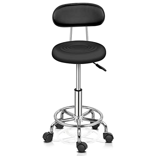 Bonnlo Tabouret à roulettes,réglable en Hauteur avec Dossier | Tabouret de Bureau, Travail, pivotant pour Salon et Bar, Similicuir, Noir