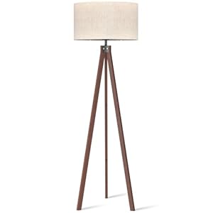 LEPOWER Wood Tripod Floor Lamp, Mid Century Standing Lamp, Modern Design Studying Light for Living Room, Bedroom, Study Room and Office, Flaxen Lamp Shade with E26 Base Dark Brown