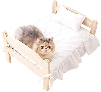 Ladfrol木製の猫の犬のベッド、木製のフレームの犬のベッドソファ、猫と子犬のための普遍的な取り外し可能な、45x54x30cm,White bed sheet (ホワイト,L 98*58*30)