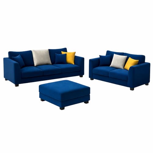 Image of SOCOZI Trevano 3+2 Seater Fabric Sofa Set with Ottoman | Soft Velvet Suede Upholstery | Modern Living Room Furniture (Blue-Light Grey)