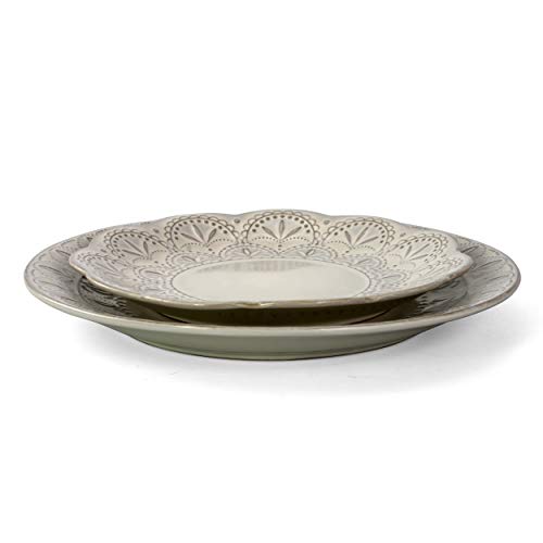 Elama WHITE LACE Elegant Round Embossed Stoneware High Class Dinnerware Dish Set thumb #4