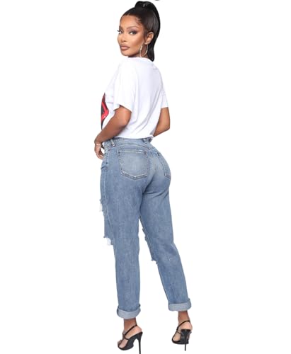 SheKiss Boyfriend Stretchy Jeans for Women - Distressed Frayed High Waisted Trendy Denim Blue Jeans4