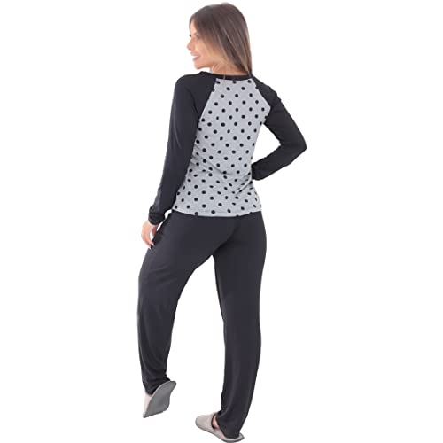 KIT 2 PIJAMAS DE INVERNO MANGA LONGA BICOLOR FEMININO MAIS BONITA (G, Garfield Preto/ Poá Preto)