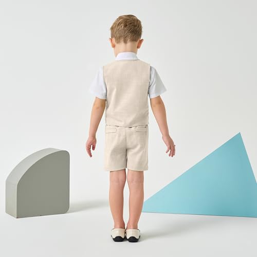 Image of Volunboy Baby Boys Summer Suits Short Sleeve Wedding Ring Bearer Outfits 4Pcs Graduation Dress Vest Shirt Bowtie Shorts Set