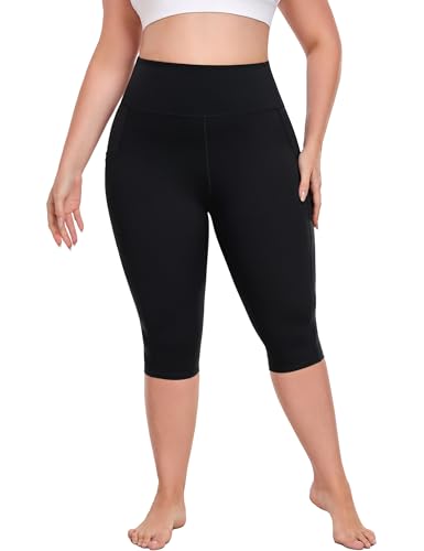 Plus Size Leggings with Pockets Knee Length, L-5XL Capri Yoga Pants High Waisted, Tummy Control Workout Leggings3