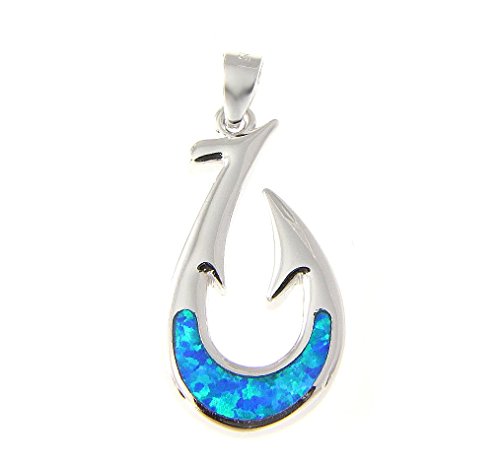 Arthur's Jewelry 925 Sterling Silver Hawaiian Blue Synthetic Opal Fish Hook Pendant Charm #TOP14
