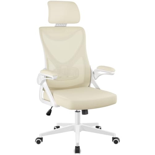 Yaheetech Silla de Oficina Ergonomica con Soporte Lumbar Silla Escritorio Reposabrazo Reposacabeza Ajustable Base Giratoria de 70 cm Transpirable Capacidad MAX 150KG Beige