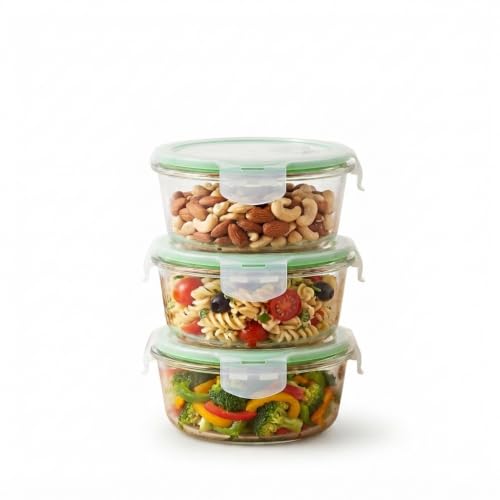 Image of Borosilicate Glass Containers with Air-Vent Lids, Round | 400 ml, Set of 3 | Airtight & Leakproof | Microwave, Freezer & Dishwasher Safe for Kitchen, Fridge and Lunch