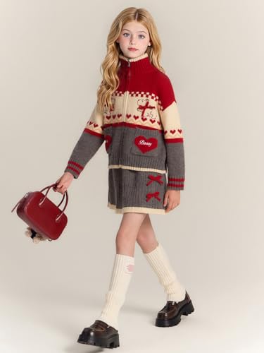 Image of Girls Christmas Outfit Skirt Set,Zip Cardigan Sweater with Skirt 2 Piece Outfit, Fall Clothes for Girls 6-16Y