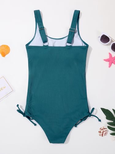 Image of Girls One Piece Swimsuits Ribbed Bathing Suit Teen Girls Adjustable Straps Drawstring Athletic Swimwear Swim Suit