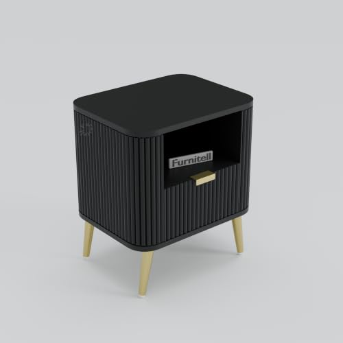 Image of Premium HDMR Wood Bedside Table with 1 Drawer & Open Storage Shelf, Fluted Nightstand with Golden Legs for Bedroom, Modern End Table, for Living Room, Black Finish (18 x 14 x 18 Inch)