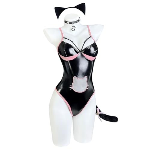 KORURACLUB Sexy Katzen Bodysuit Cosplay Anime Outfit Katzen Cosplay Women Dessous Halloween cosplay Dessous für Damen(Schwarz L)