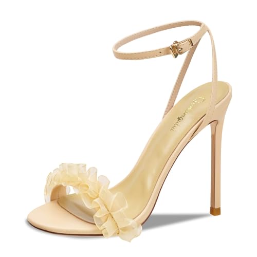 Image of Women's 3.9IN High Heel Sandals Open Toe Strappy Slingback with Lace Flower Detail - Stiletto Heel Summer Dress Shoes for Wedding /Party