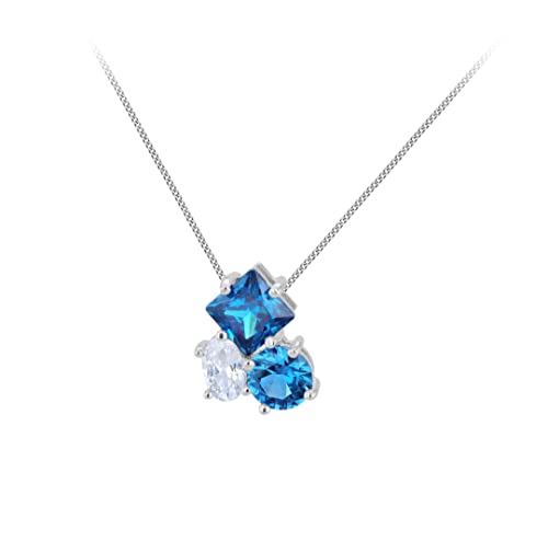 Collar de plata de ley mujer con pendientes de tres piedras circonitas azul y blanco chapado rodio