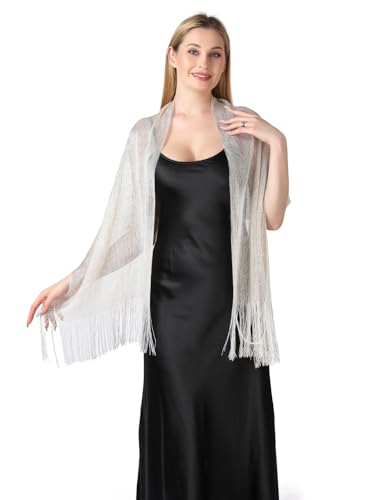 Image of Stoles for Evening Dress with Buckle, Fringes - Polyester Blend, Shimmer Stole Wraps for Weddings, Party | Women's Clothing