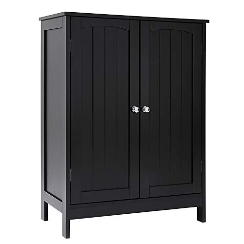 IWELL Black Bathroom Floor Storage Cabinet with 2 Shelf, 3 Heights Available, Free Standing Kitchen Cupboard, Wooden Storage Cabinet with 2 Doors, Office Furniture