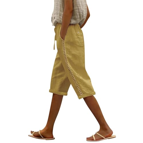 Pantalones largos elásticos de algodón para mujer, de color sólido, para playa, ocio, pantalones cortos con bolsillos, amarillo, XS