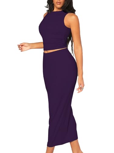 Image of Bdwinz Women's Casual 2 Piece Dress Round Neck Tank Top Bodycon Midi Skirt Dress Set