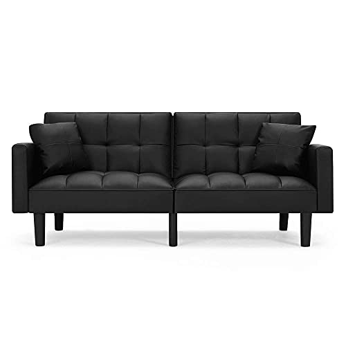 Homhum Modern Leather Convertible Futon Sofa Bed Folding Couch Recliner Adjustable Back With Arm Set For Living Room, Black #TOP3