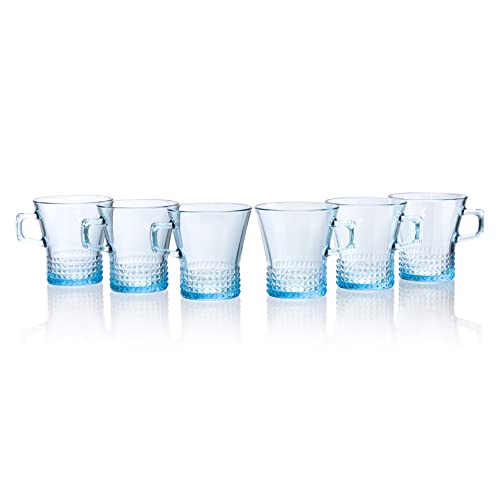 Image of Pasabahce Kuvars Mug from House of Pasabahce The Original Pasabahce from Turkey, Blue Transparent Kuvars Mugs, 250 ml in Set of 6 Pcs, Perfect fit for Tea /Coffee.