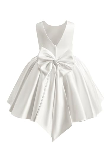 Satin Flower Girl Dress Knee Length Short First Communion Dresses for Girls Kids Bow-Knot Princess Birthday Gowns
