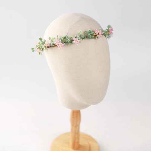 KorViSHOW Handmade Pink Flower Crown Girls Hair Wreath Bridal Flower Headband Green leaf Headpiece Floral Hair Accessories for Weeding Birthday Party Cosplay - Thumbnail 2