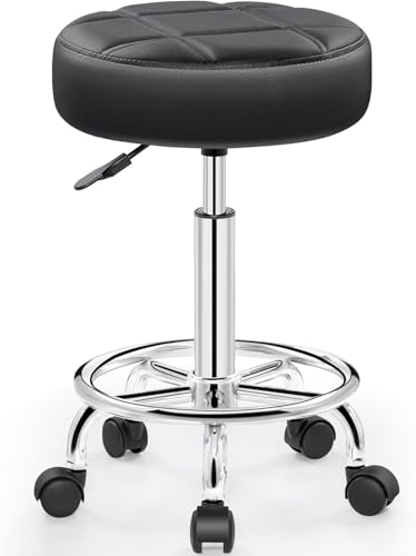 CSS Rolling Stool with Wheels, PU Leather Small Office Chair with Foot Rest,Versatile Adjustable 18-23 Inch Swivel Stool for Tattoo Massage Salon Spa Teach Medical Facial Office Home Drafting Kitchen