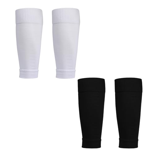 2 Pairs Pre Cut Football Socks,Elastic Football Sock Sleeves,White & Black Footless Football Sleeve Socks,Calf Compression Sleeve Men,Breathable Shin Pad Sleeves Socks Mens Adult,Soccer Shinpad Sock
