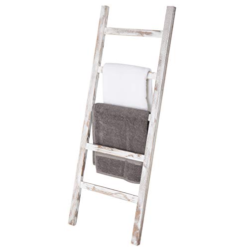 MyGift Wall-Leaning Vintage White Wood Ladder Blanket & Towel Rack