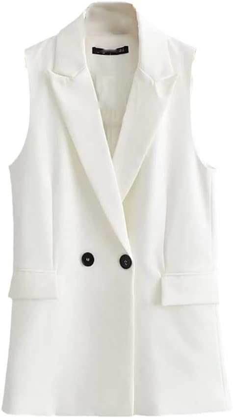 Women Simply Sleeveless Double Breasted Vest Jacket Office Ladies Wear Casual Suit Waistcoat Pockets Outwear Tops