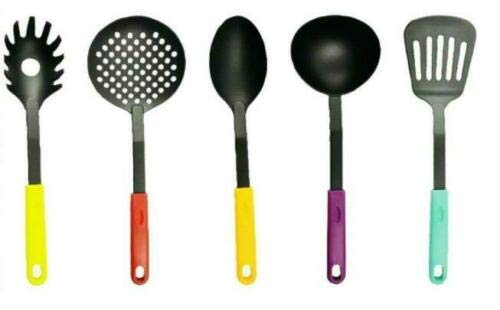 New 5/ 7pc Nylon Kitchen Utensil Set Stand Cooking Tool Camping Food Non Stick (5PC Multi Colour Nylon Kitchen Set)