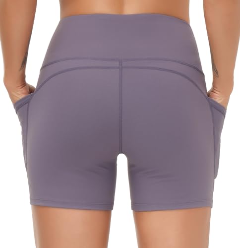 Image of THE GYM PEOPLE High Waist Yoga Shorts for Women's Tummy Control Fitness Athletic Workout Running Shorts with Deep Pockets