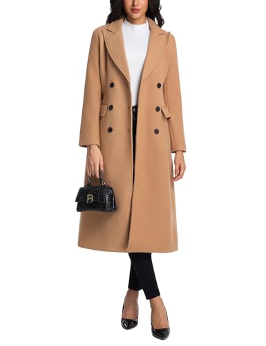 IDEALSANXUN Womens Long Wool Coats Fall Winter Notch Lapel Double Breasted Trench Coat Wool Jackets