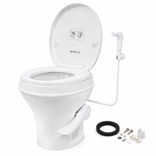 SEAFLO Residential Height Camper/RV Toilet with Sprayer Attachment, 18.5” Standard Height, Gravity Flush System, Foot Pedal Operation, Soft Close Seat, 4-Year Warranty (With Sprayer Attachment)