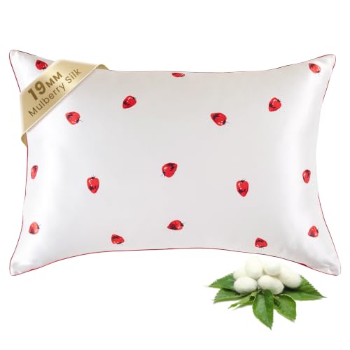 Image of THXSILK Mulberry Silk Pillowcase for Hair and Skin, Grade 6A+ Organic Mulberry Silk Pillow Case with Hidden Zipper, King Size 20 inchx36 inch Silk Pillow Case, 1pc, White Strawberry