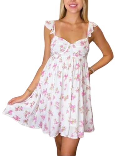 Image of Women Y2k Tie Shoulder Mini Dress Sleeveless Flowy Babydoll Dress Boho Floral Aline Short Sundress
