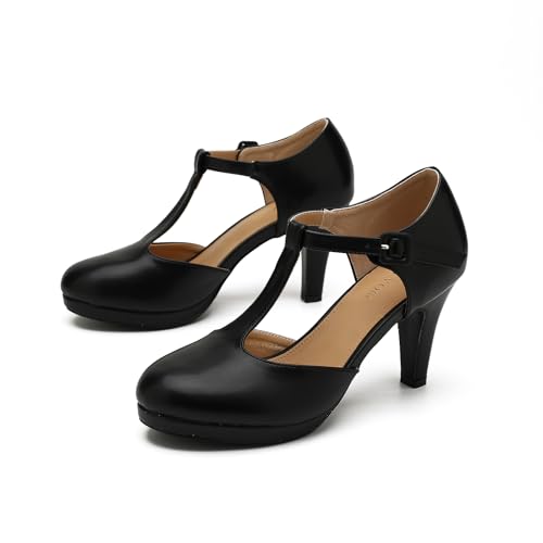 Women's Pumps Close Toe Kitten Heels Retro T Strap Mary Jane Comfortable Office Work Dress Shoes Black Matte Pu-43US 9.52