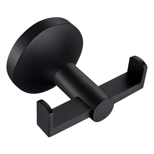 APLusee Black Double Towel Hook for Bathroom, SUS 304 Stainless Steel Robe Coat Wall Hook Bath Towel Holder, Modern Matte Black