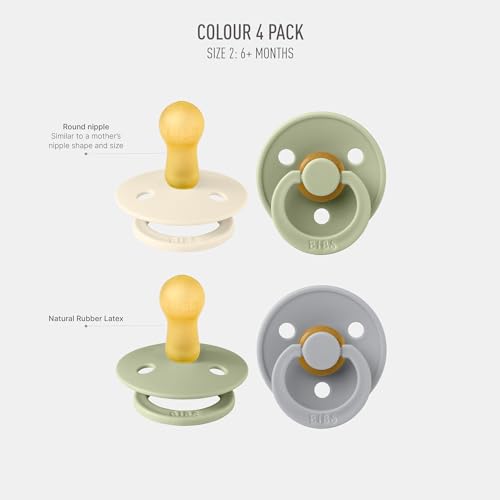 Image of BIBS Colour Soother 4-Pack | BPA Free Dummy Pacifier | Round Nipple | Natural Rubber Latex | Made in Denmark | Size 6-18 Months | Sage Mix