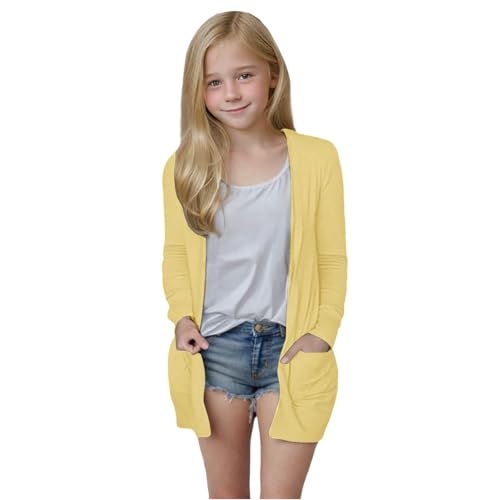 school cardigan for girls Girl's Cardigan Open Front Long Sleeve Sweaters Lightweight Cardigans Fall Fashion Soft Cute Solid Outwear with Pockets Yellow 9-10 Years