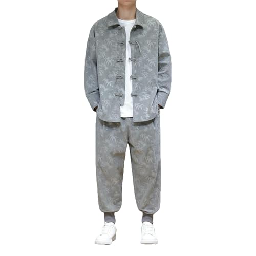 Ensemble homme velours côtelé style chinois gris lâche automne pantalon et veste boutons grenouille