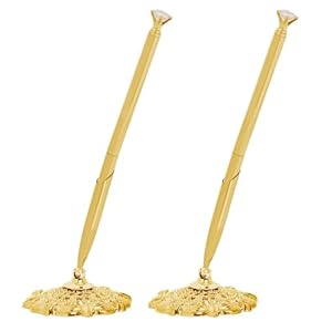 2 Pcs Gold Hollow Round Pen Holder with Diamond Metal Pen Stand Holder Set Signing Pen Set Signing Desk Ballpoint Pens for Guest Book Wedding Birthday Graduation Teacher Office Business
