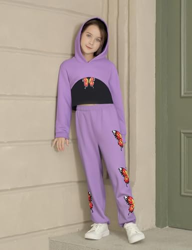 Image of Gaupafmb Girls Clothes 3PC Tie-dye with Butterfly Print Hoodie Sweatshirt Butterfly Print Cami Tops Sweatpants Girls
