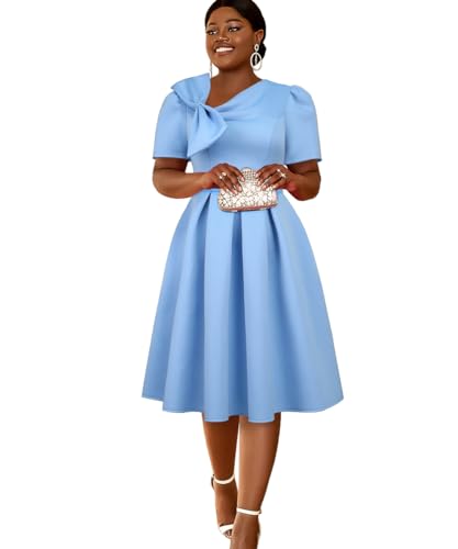 AOMEI Women's Casual Short Sleeve Church Dress Sweet Bow Asymmetric Neck A Line Midi Dress(Blue,Small) : Clothing, Shoes & Jewelry