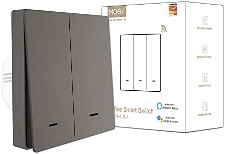 MOES WiFi Push Button Smart Switch, Neutral Wire Required, 2 Gang Wireless Remote Control Wall Light Switch By Smart life/Tuya App Works with Alexa, Google Home, Only Support 2.4GHz WiFi, Grey