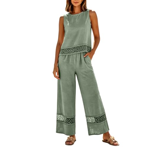 Conjunto de verano calado para terrazas y paseos blusa fresca sin mangas con pantalón de lino ancho